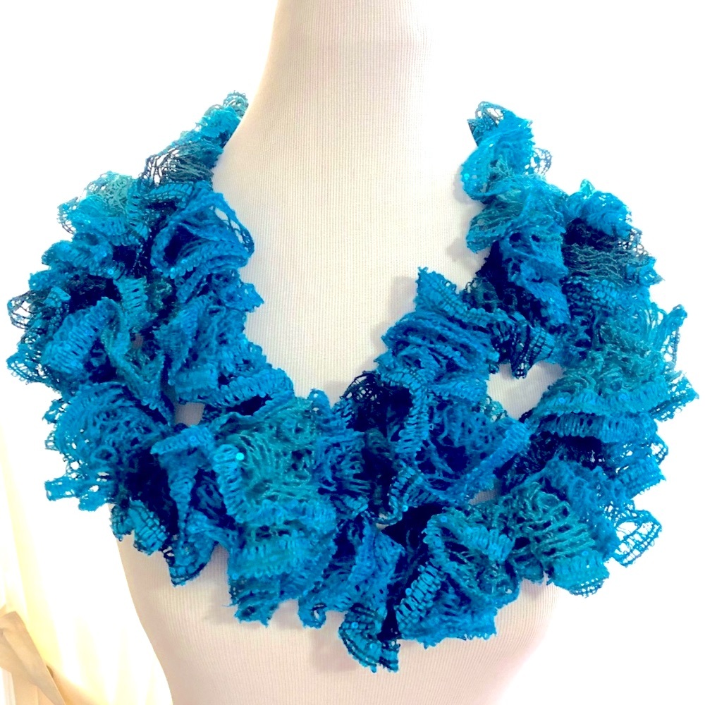 Handmade Ruffle Crochet Scarf, Blue w/Sparkles